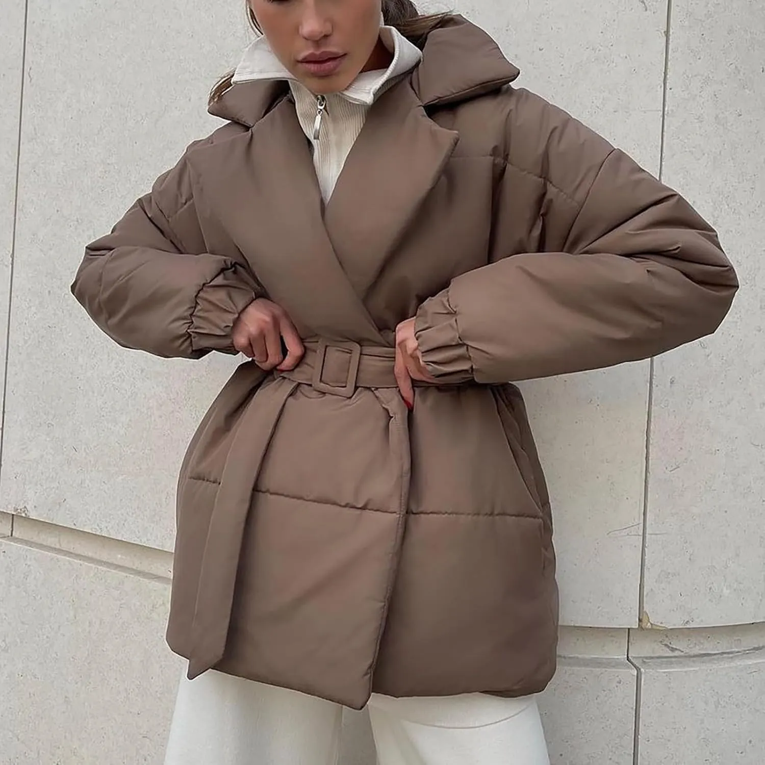 Womens Winter Coats Fashion Belted Puffer Jacket Lightweight Quilted Hooded Long Down Jacket Padded Parka Wrap Coats
