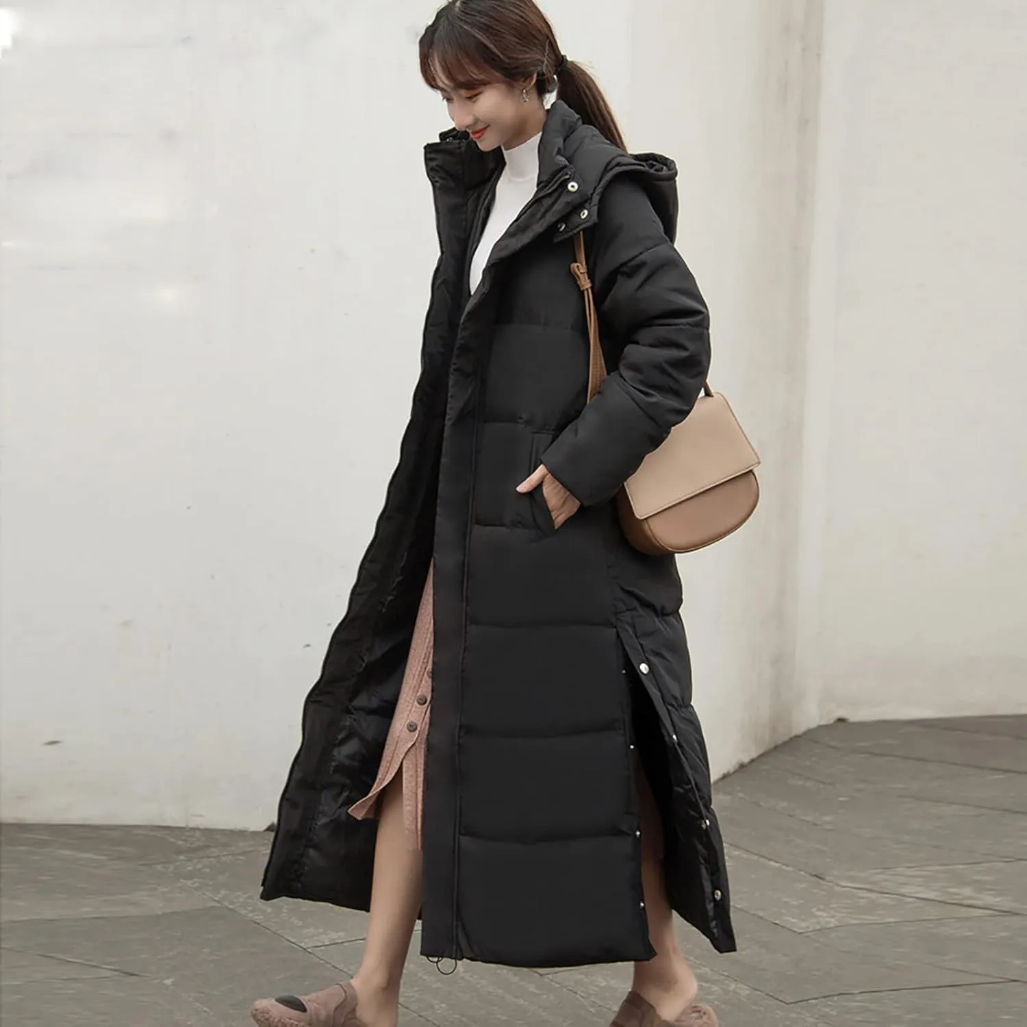 Womens Winter Coats Long Puffer Warm Calf Length Hooded Down Jacket Solid Color Casual Going Out Coat With Pockets