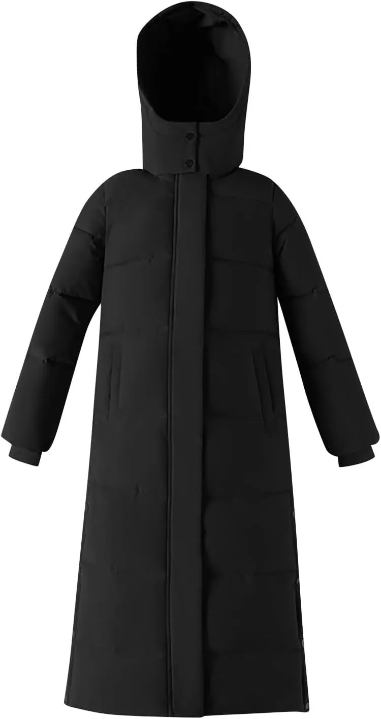 Womens Winter Coats Long Puffer Warm Calf Length Hooded Down Jacket Solid Color Casual Going Out Coat With Pockets