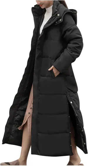 Womens Winter Coats Long Puffer Warm Calf Length Hooded Down Jacket Solid Color Casual Going Out Coat With Pockets