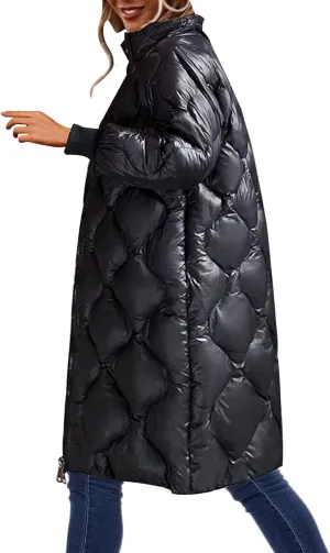 Women's Winter Glossy Down Jacket Ultralight Long Down Outerwear Puffer Jacket Hooded Coat Long-Sleeve Full-Zip Windproof