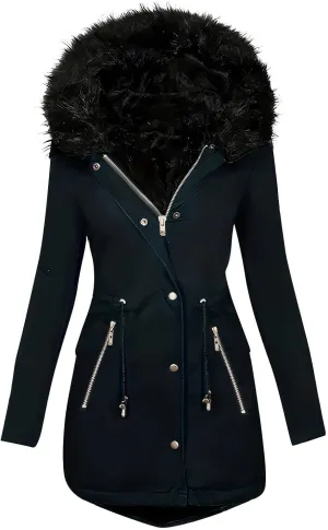 Women's Winter Thicken Down Coats Casual Zipper Long Puffer Jackets Button Military Parka Jackets With Faux Fur Hood