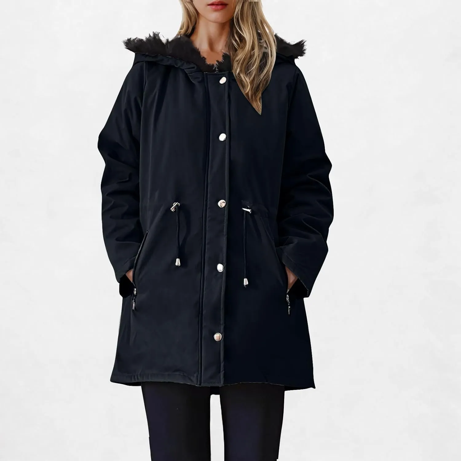 Women's Winter Thicken Down Coats Casual Zipper Long Puffer Jackets Button Military Parka Jackets With Faux Fur Hood