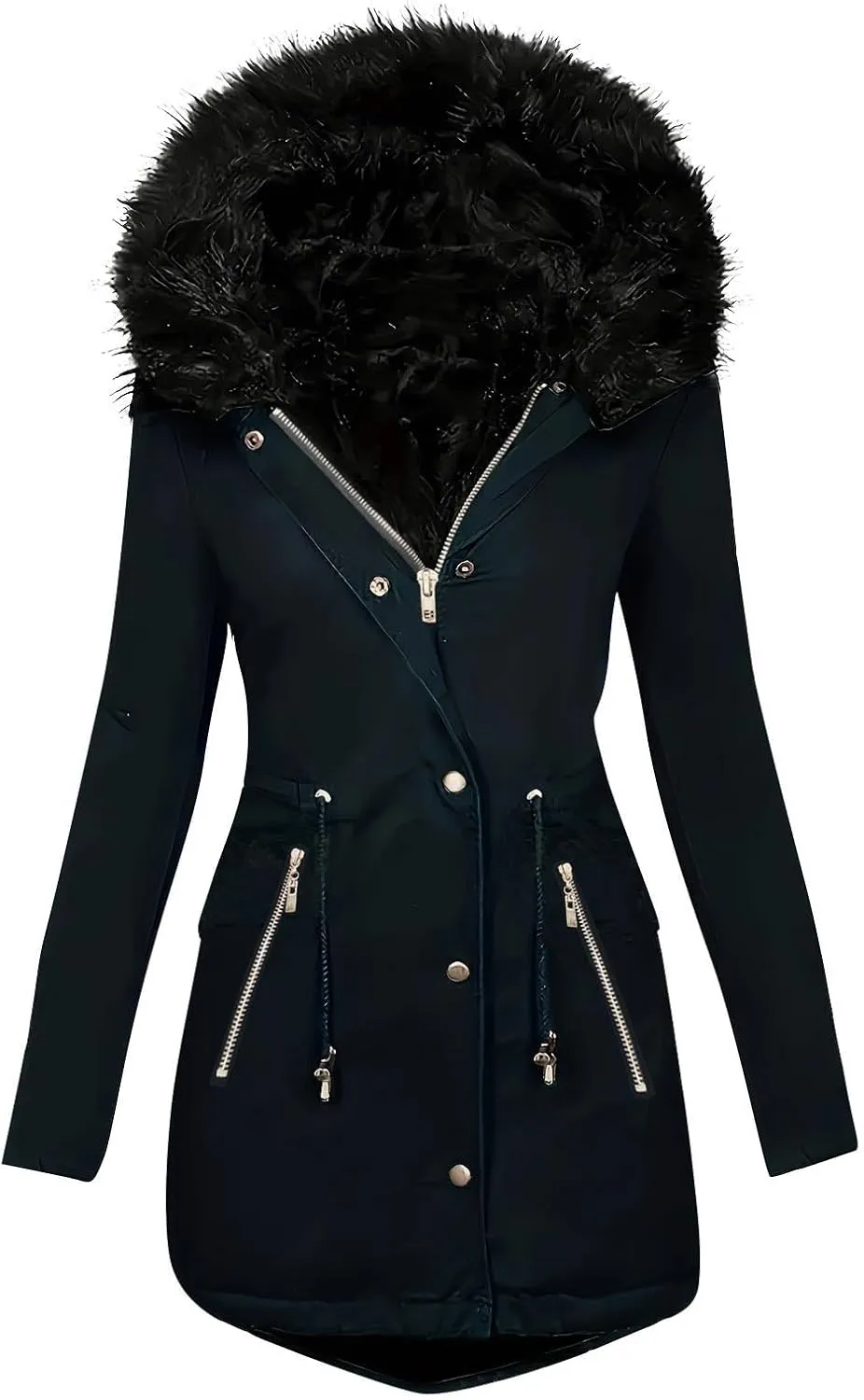 Women's Winter Thicken Down Coats Casual Zipper Long Puffer Jackets Button Military Parka Jackets With Faux Fur Hood