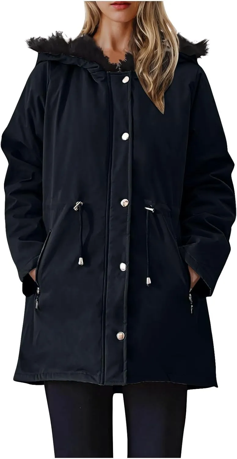 Women's Winter Thicken Down Coats Casual Zipper Long Puffer Jackets Button Military Parka Jackets With Faux Fur Hood