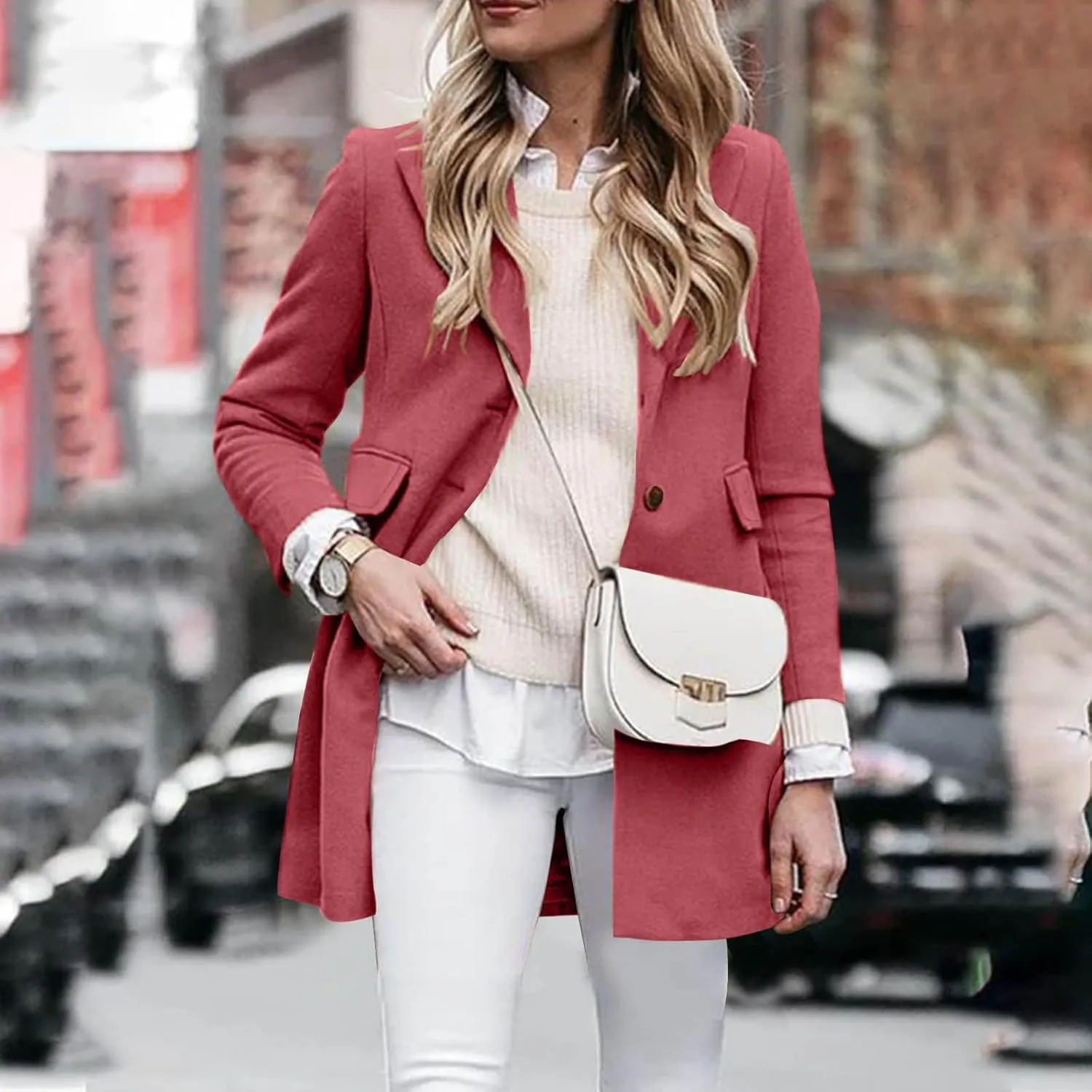 Women's Wool Coat Single Breasted Lapel Long Jackets Casual Long Sleeve Overcoat Winter Outerwear with Pockets