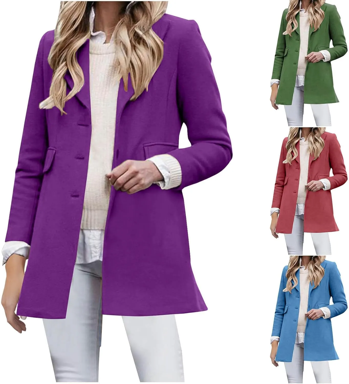 Women's Wool Coat Single Breasted Lapel Long Jackets Casual Long Sleeve Overcoat Winter Outerwear with Pockets