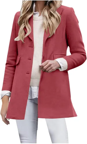 Women's Wool Coat Single Breasted Lapel Long Jackets Casual Long Sleeve Overcoat Winter Outerwear with Pockets
