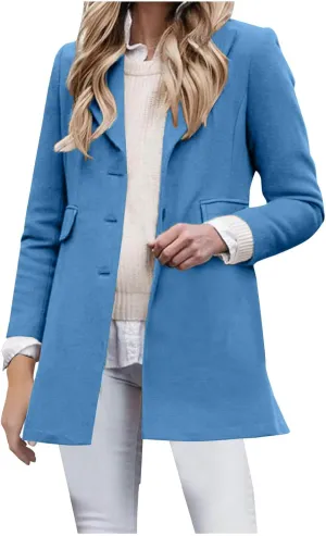 Women's Wool Coat Single Breasted Lapel Long Jackets Casual Long Sleeve Overcoat Winter Outerwear with Pockets