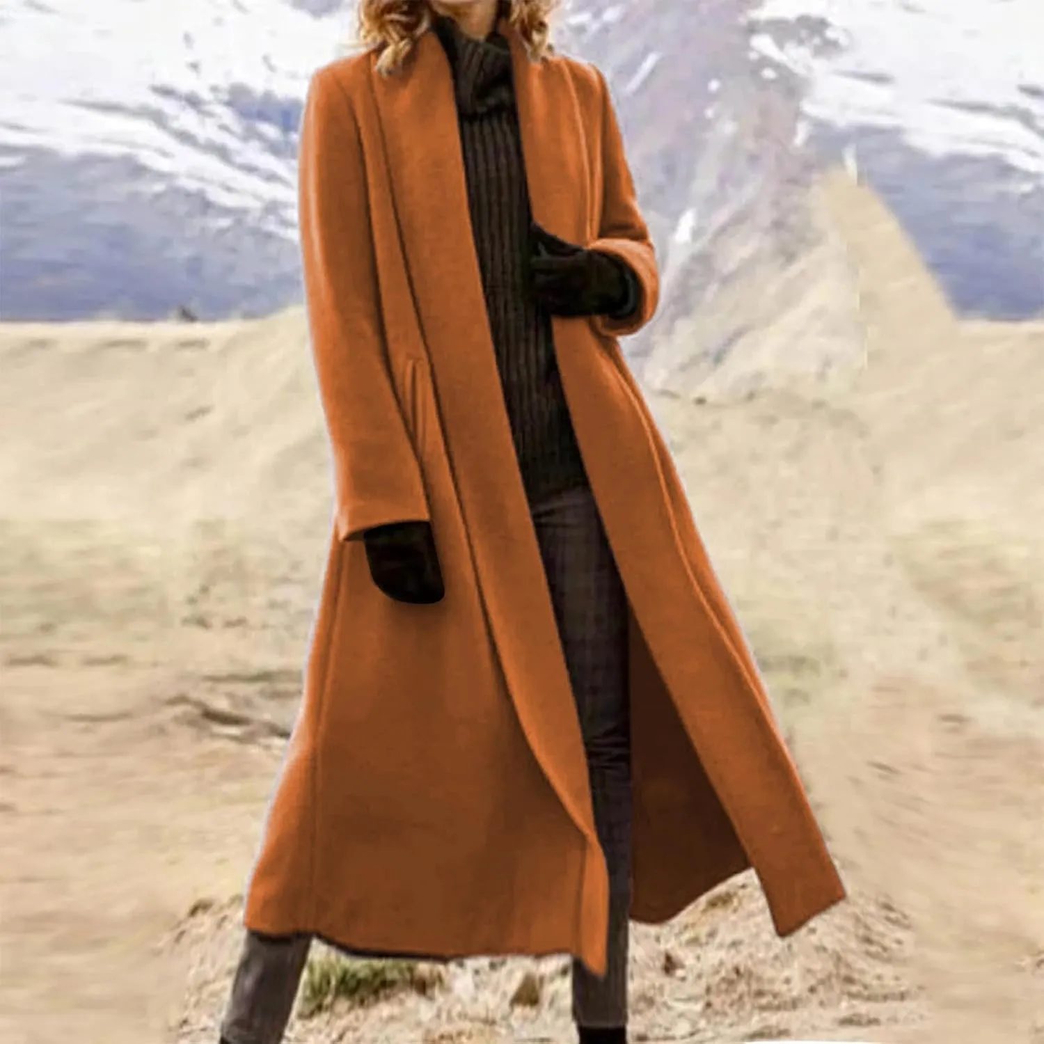 Women's Wool Coats Oversized Notched Collar Pea Coats Casual Open Front Long Winter Jackets Formal Work Trench Coat