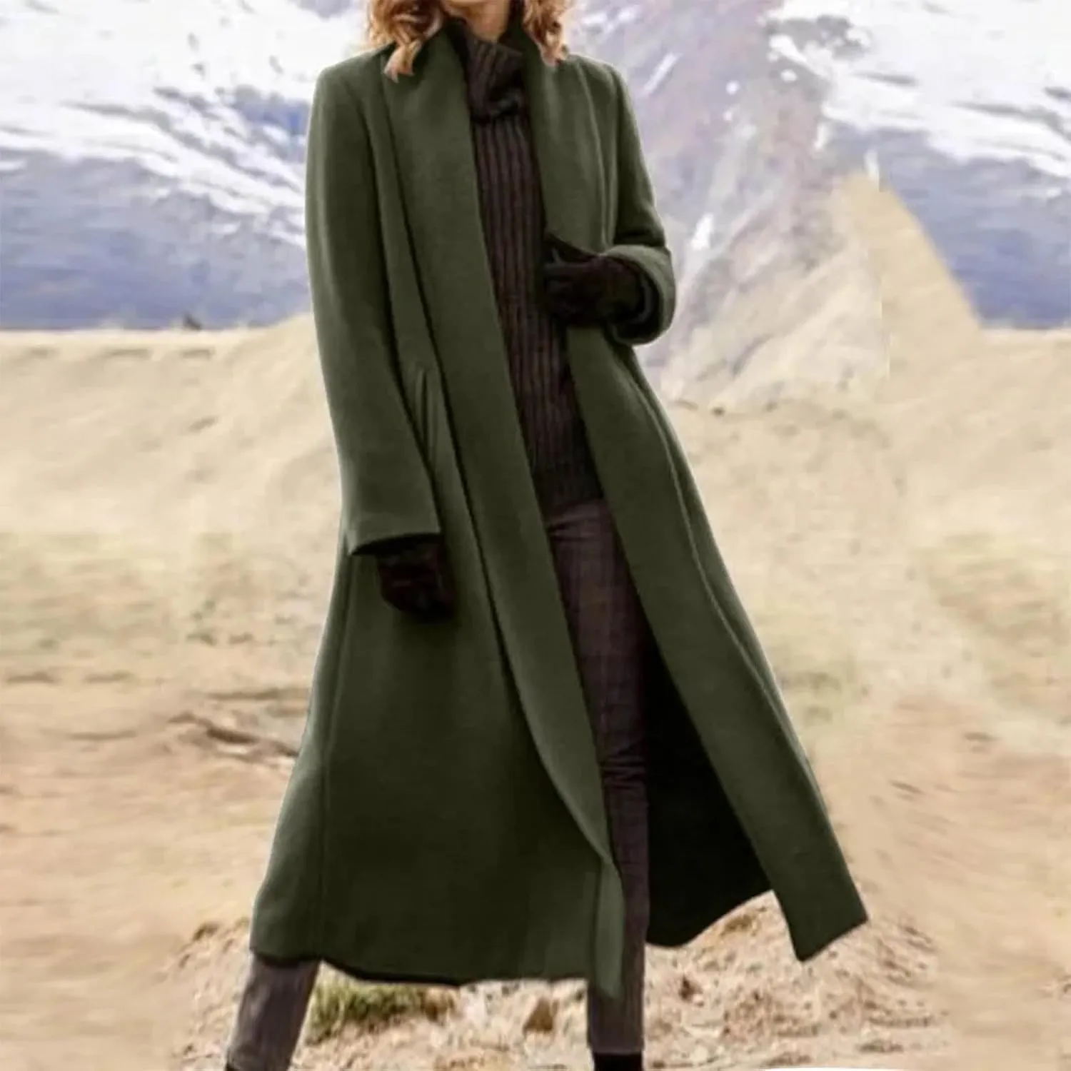 Women's Wool Coats Oversized Notched Collar Pea Coats Casual Open Front Long Winter Jackets Formal Work Trench Coat