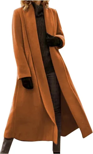 Women's Wool Coats Oversized Notched Collar Pea Coats Casual Open Front Long Winter Jackets Formal Work Trench Coat