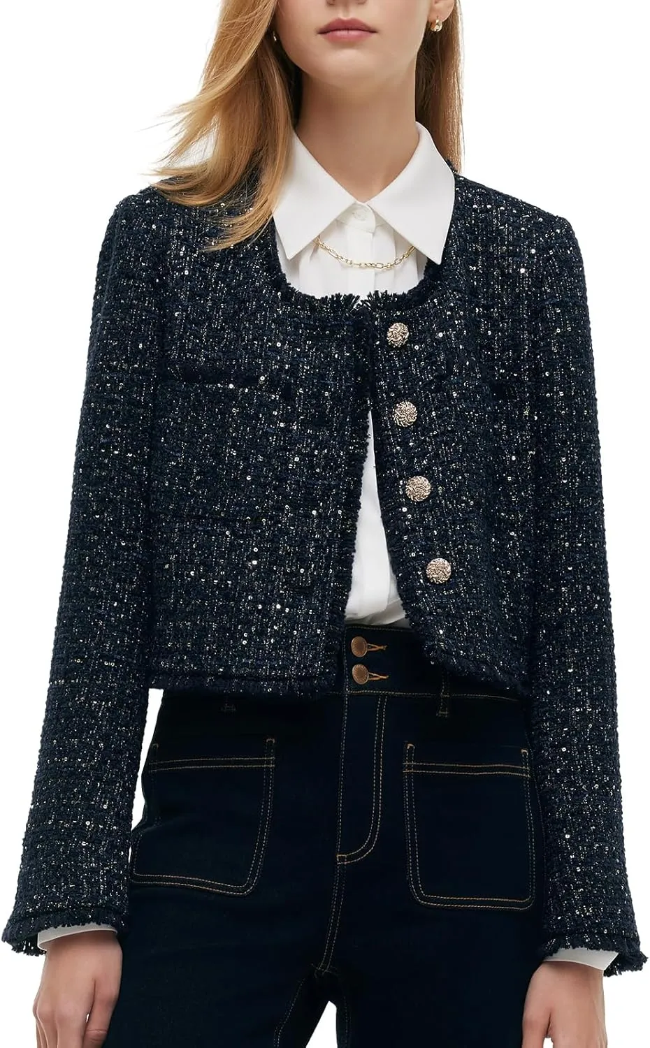 Wool Blend Tweed Blazers for Women Business Casual Knit Blazer Cropped Jacket for Women