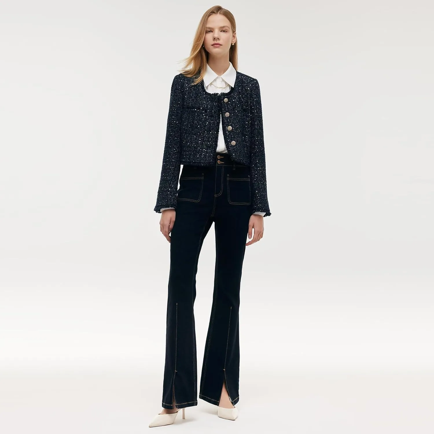 Wool Blend Tweed Blazers for Women Business Casual Knit Blazer Cropped Jacket for Women