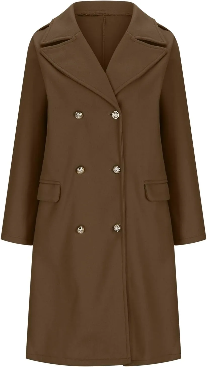 Wool Coats for Women Plus Size Double Breasted Peacoat Casual Notch Lapel Overcoat Long Winter Jackets with Pockets