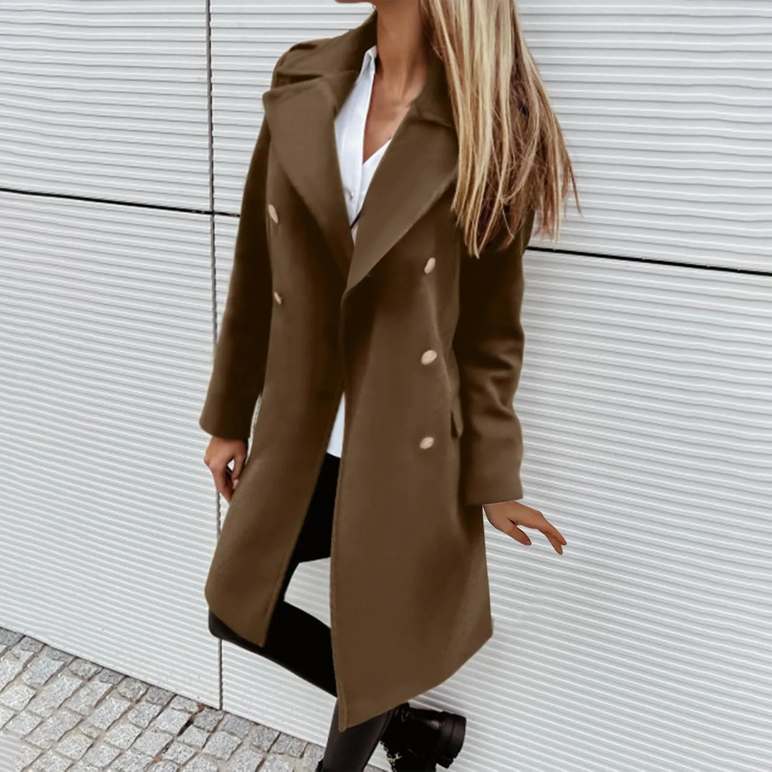 Wool Coats for Women Plus Size Double Breasted Peacoat Casual Notch Lapel Overcoat Long Winter Jackets with Pockets
