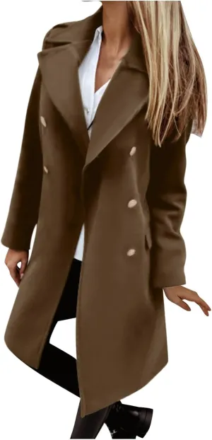 Wool Coats for Women Plus Size Double Breasted Peacoat Casual Notch Lapel Overcoat Long Winter Jackets with Pockets