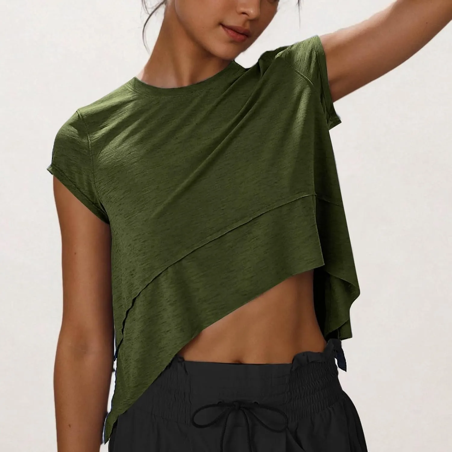 Workout Cropped Tops for Women Flowy Athletic Tops Oversized Loose Fit Running Yoga Quick Dry Soft Crewneck Tees