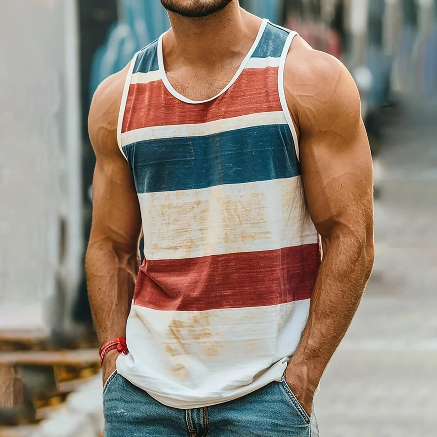 Workout Tank Tops Mens Sleeveless Scoop Neck Cut Off Muscle T-Shirts Color Block Patchwork Yoga Runnig Vest Tops