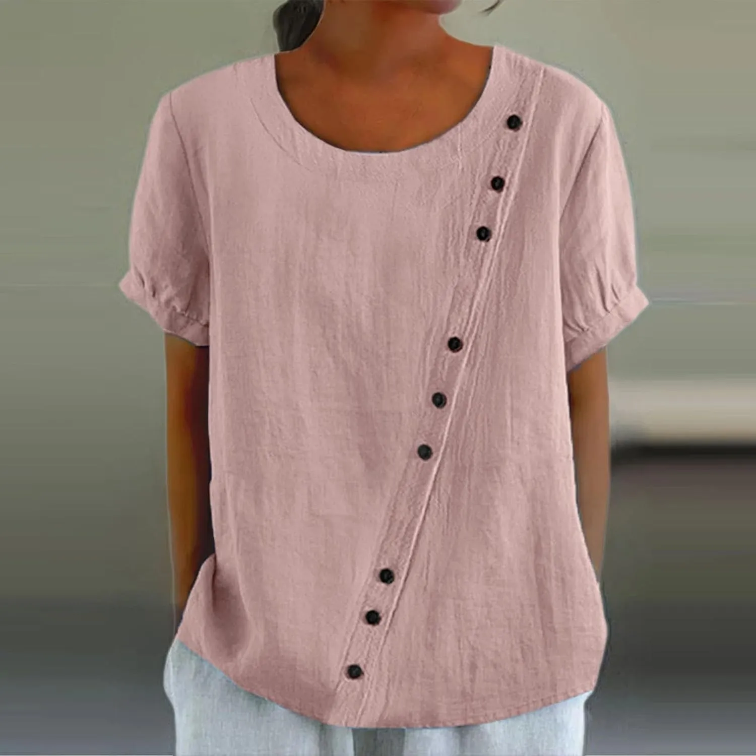 Workout Tops for Women Plus Size Oversized Crew Neck Linen Tops for Women Short Sleeve Cotton Blend Tee Shirts