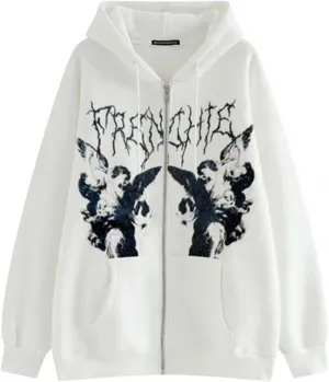 Y2K Hoodies for Women Full Zip Up Print Graphic Oversized Pockets Hooded Jacket 90s Long Sleeve Sweatshirt Goth Punk Teen