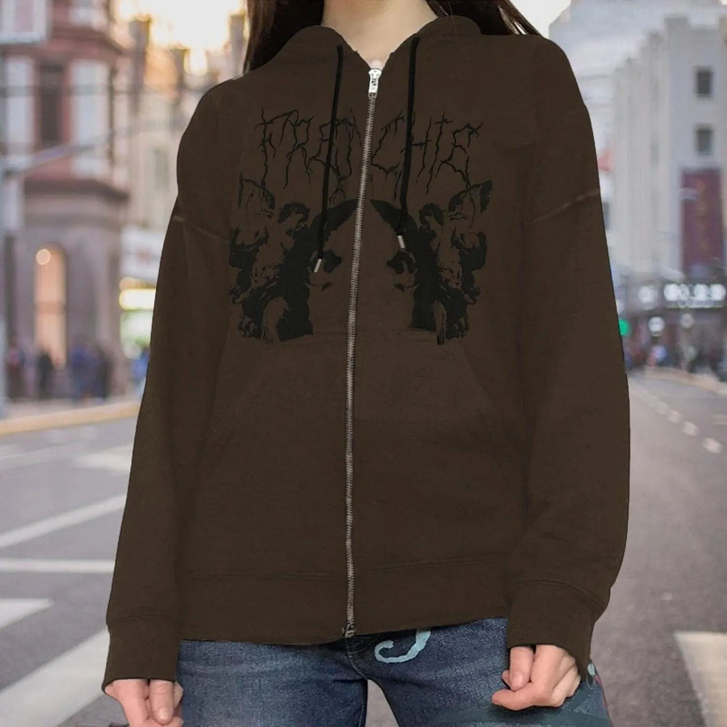 Y2K Hoodies for Women Full Zip Up Print Graphic Oversized Pockets Hooded Jacket 90s Long Sleeve Sweatshirt Streetwear Cyber