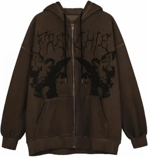 Y2K Hoodies for Women Full Zip Up Print Graphic Oversized Pockets Hooded Jacket 90s Long Sleeve Sweatshirt Streetwear Cyber