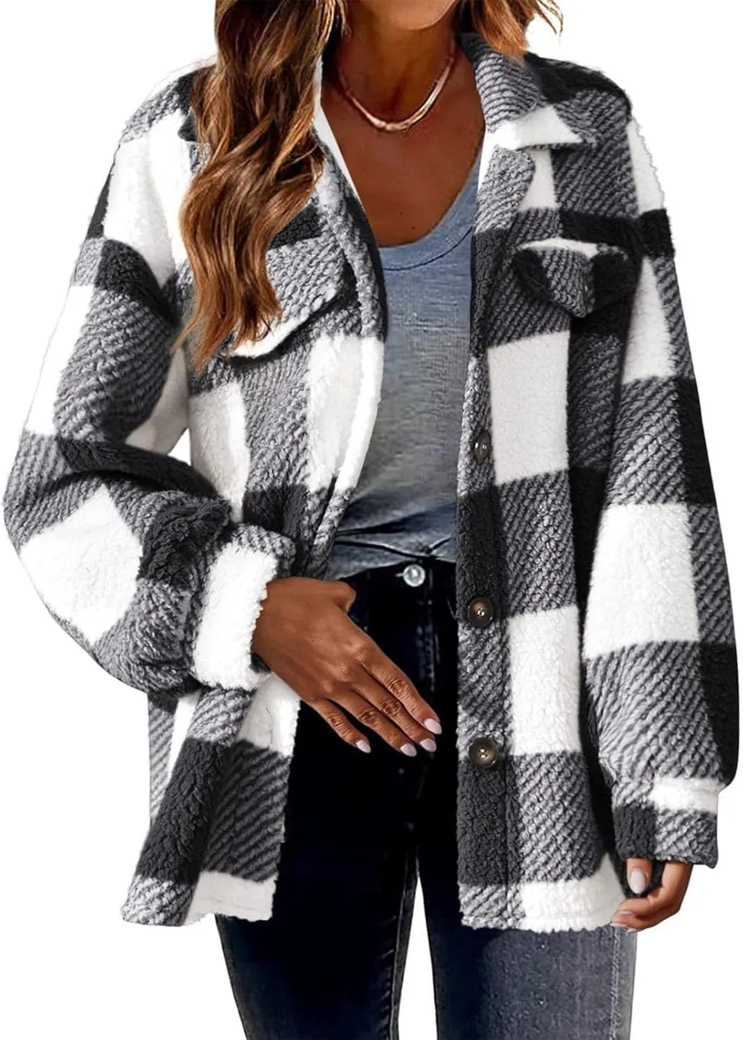 yardsong Shackets for Women 2024 Winter Warm Fuzzy Fleece Sherpa Plaid Shirt Jackets Plus Size Button Down Long Sleeve Coats