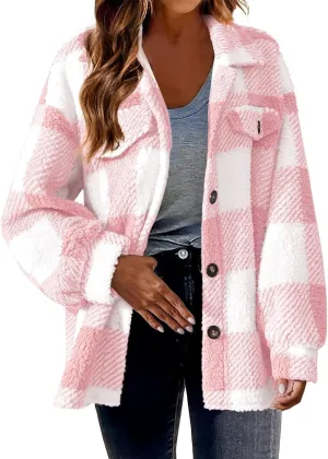 yardsong Shackets for Women 2024 Winter Warm Fuzzy Fleece Sherpa Plaid Shirt Jackets Plus Size Button Down Long Sleeve Coats