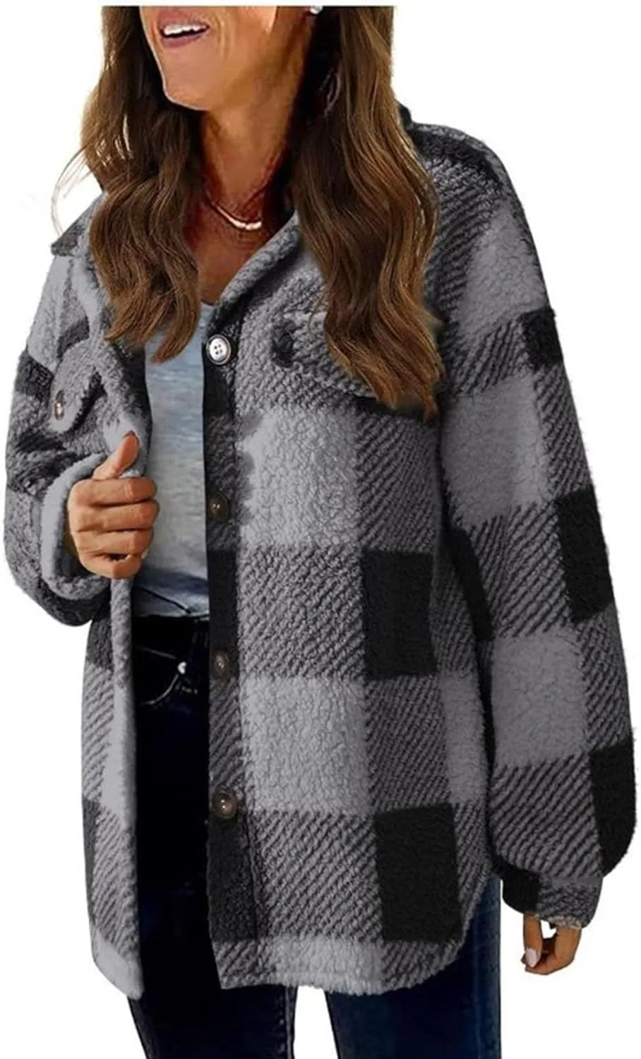 yardsong Shackets for Women 2024 Winter Warm Fuzzy Fleece Sherpa Plaid Shirt Jackets Plus Size Button Down Long Sleeve Coats