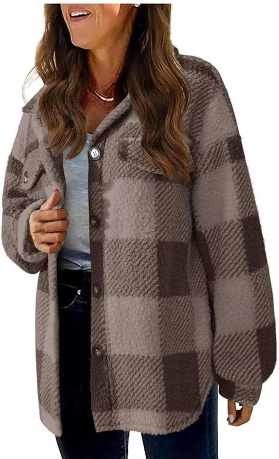 yardsong Shackets for Women 2024 Winter Warm Fuzzy Fleece Sherpa Plaid Shirt Jackets Plus Size Button Down Long Sleeve Coats