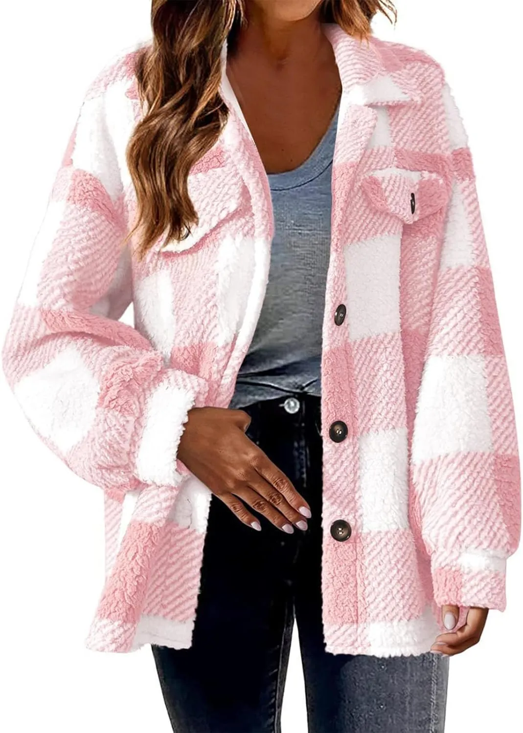 yardsong Shackets for Women 2024 Winter Warm Fuzzy Fleece Sherpa Plaid Shirt Jackets Plus Size Button Down Long Sleeve Coats