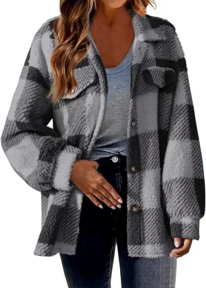 yardsong Shackets for Women 2024 Winter Warm Fuzzy Fleece Sherpa Plaid Shirt Jackets Plus Size Button Down Long Sleeve Coats