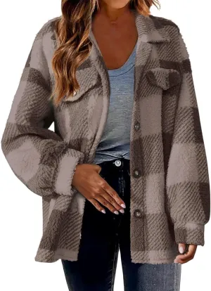 yardsong Shackets for Women 2024 Winter Warm Fuzzy Fleece Sherpa Plaid Shirt Jackets Plus Size Button Down Long Sleeve Coats