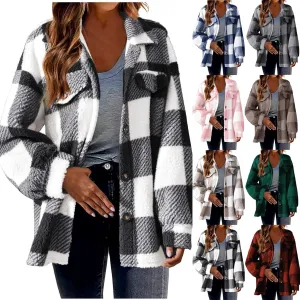 yardsong Shackets for Women 2024 Winter Warm Fuzzy Fleece Sherpa Plaid Shirt Jackets Plus Size Button Down Long Sleeve Coats