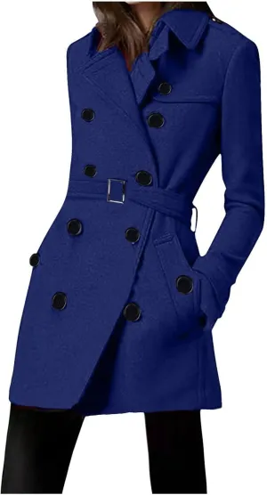 yardsong Womens Double Breasted Trench Coats Belted Slim Fit Pea Coats Winter Fashion Wool Blend Lapel Jackets with Pockets