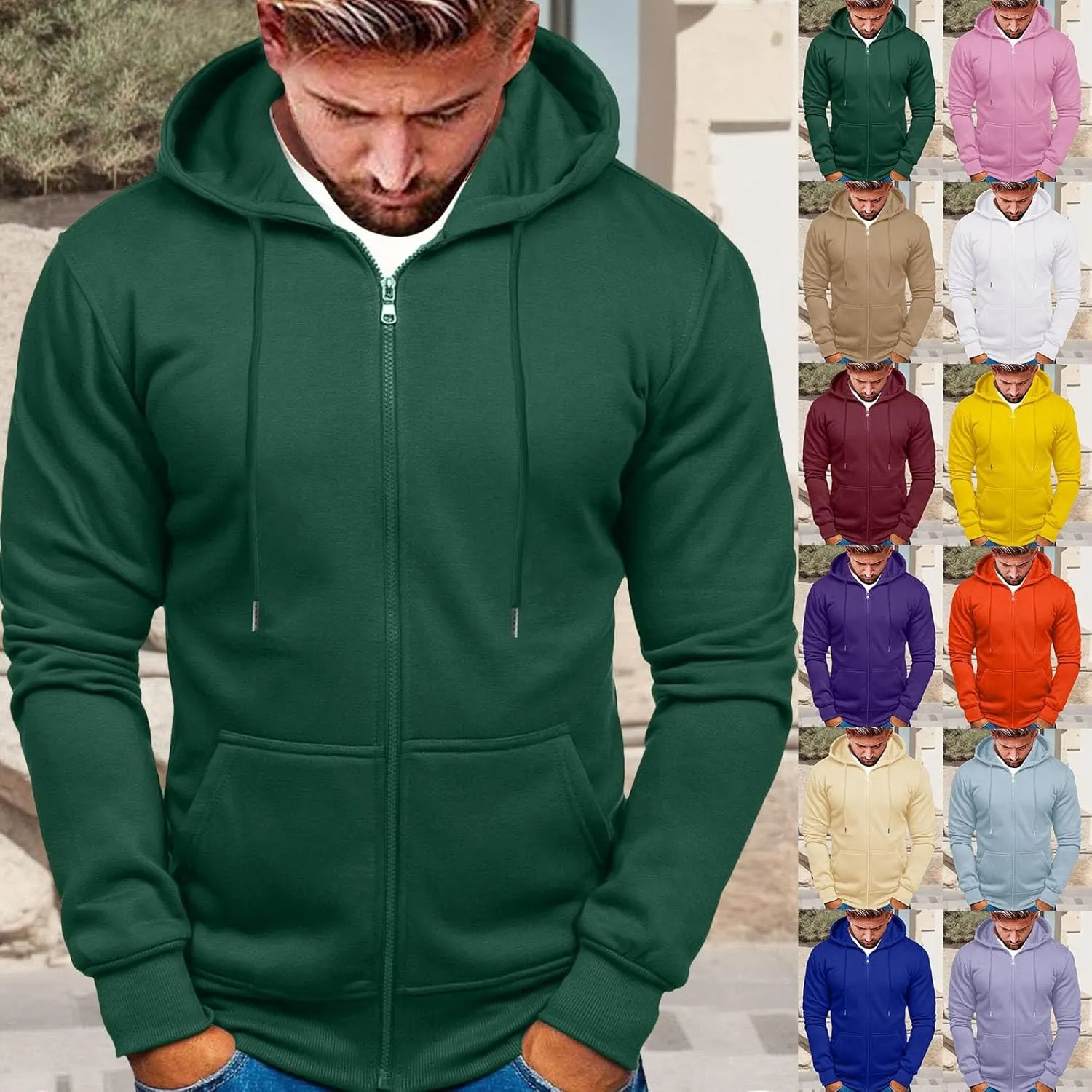Zip Up Loose Fit Hoodies for Men Full Zipper Oversized Slim Long Sleeve Coat Pullover 2024 Fall Winter Trendy Jacket
