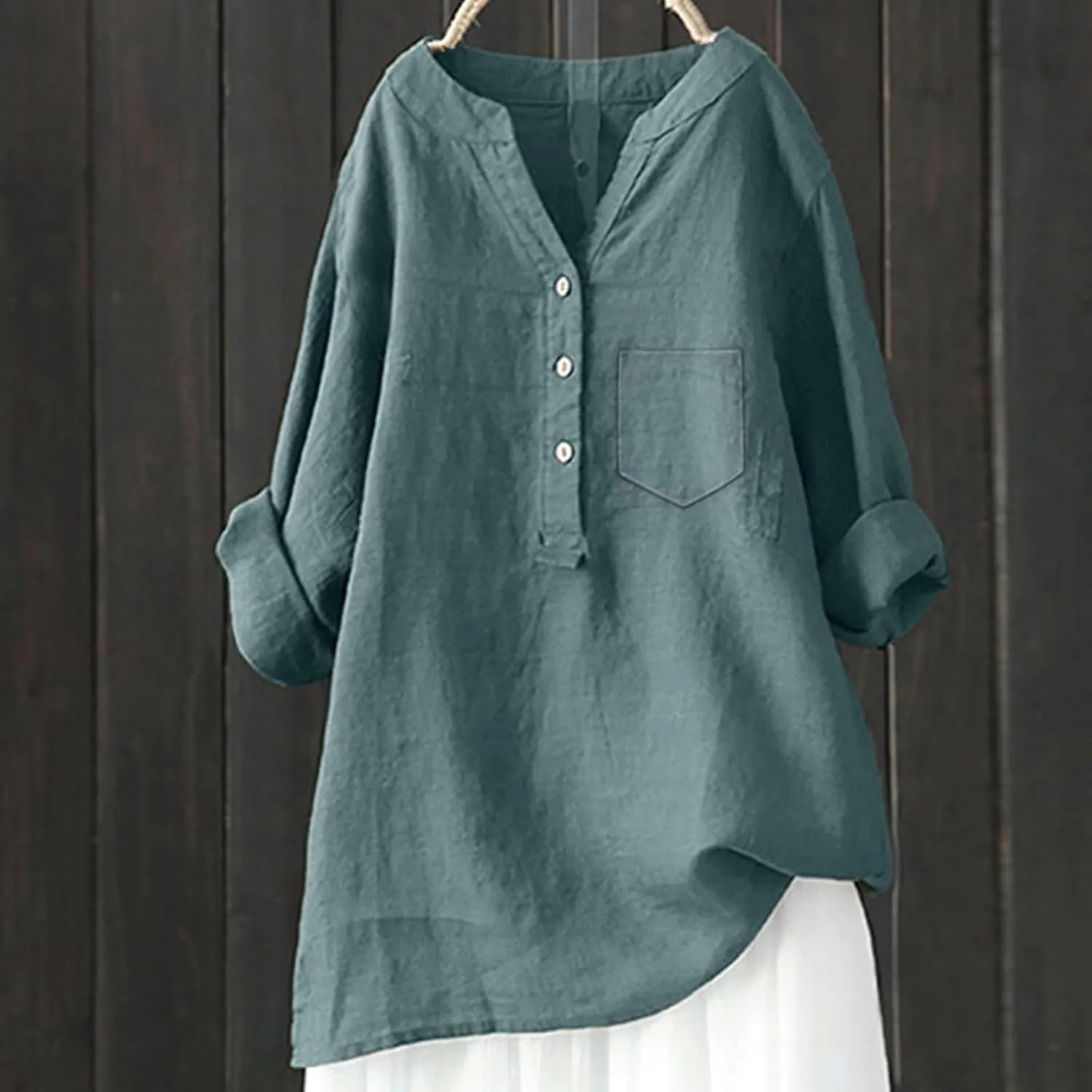 ZWRXW Womens Cotton Linen Shirts 3/4 Sleeve V Neck Tshirts Solid Color Comfy Tops Summer Casual Dressy Tunic Top Blouses