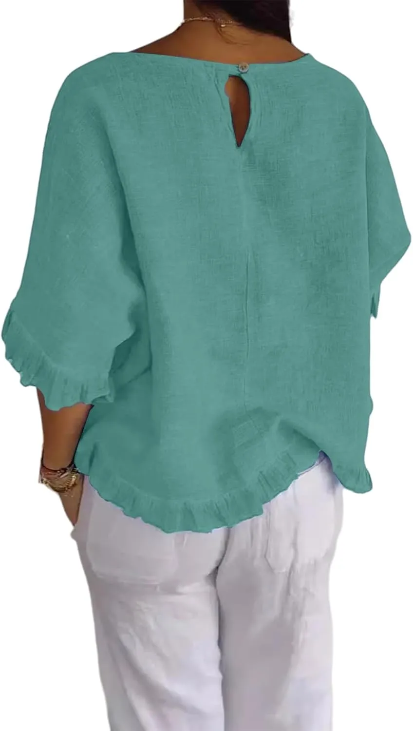 ZWRXW Women's Cotton Linen Tops Summer Babydoll Tops Short Sleeve Crew Neck T-Shirts Solid Color Crewneck Tee Tunic Shirts