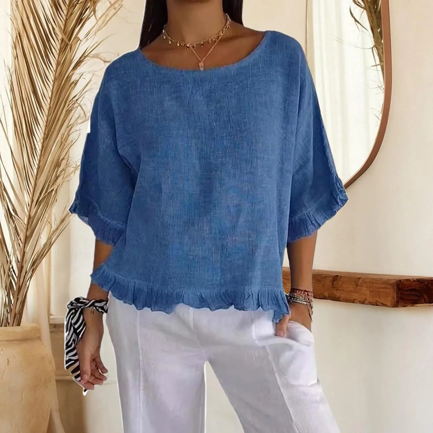 ZWRXW Women's Cotton Linen Tops Summer Babydoll Tops Short Sleeve Crew Neck T-Shirts Solid Color Crewneck Tee Tunic Shirts