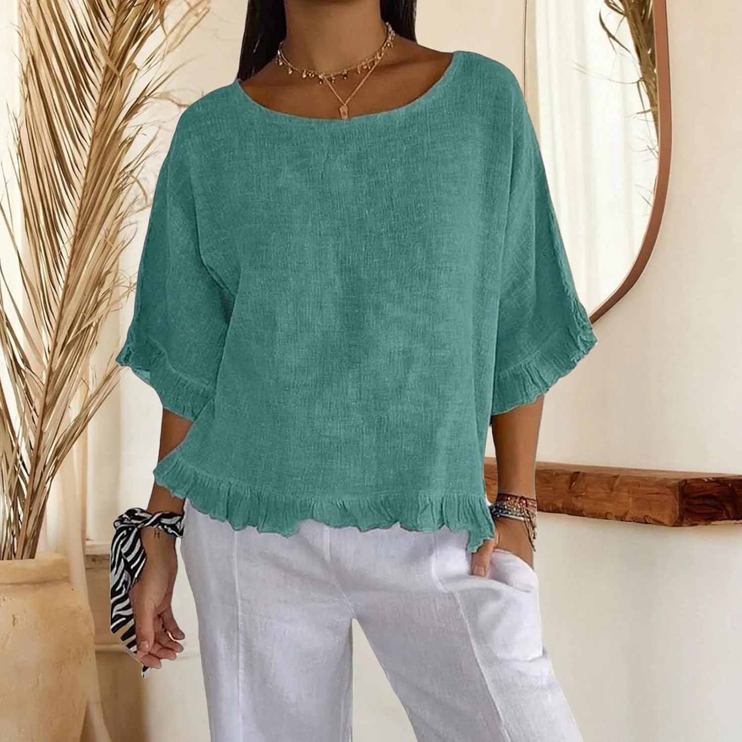 ZWRXW Women's Cotton Linen Tops Summer Babydoll Tops Short Sleeve Crew Neck T-Shirts Solid Color Crewneck Tee Tunic Shirts