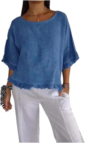 ZWRXW Women's Cotton Linen Tops Summer Babydoll Tops Short Sleeve Crew Neck T-Shirts Solid Color Crewneck Tee Tunic Shirts