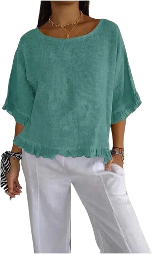 ZWRXW Women's Cotton Linen Tops Summer Babydoll Tops Short Sleeve Crew Neck T-Shirts Solid Color Crewneck Tee Tunic Shirts